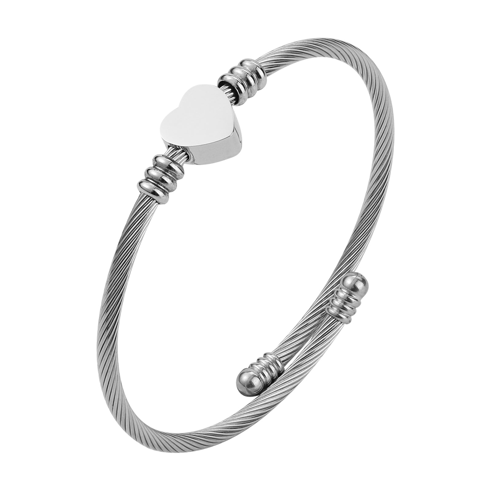 Adjustable Twisted Cable Stainless Steel Bangle with Heart Lock Charm